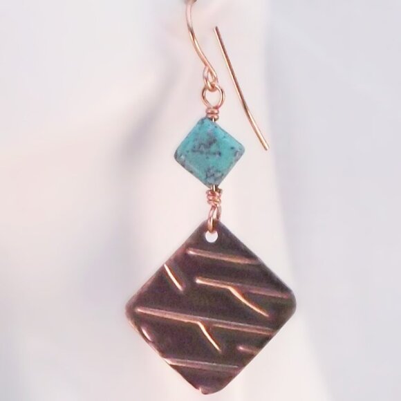 Turquoise and Embossed Copper Rhombus Earrings - Picture 2 of 3